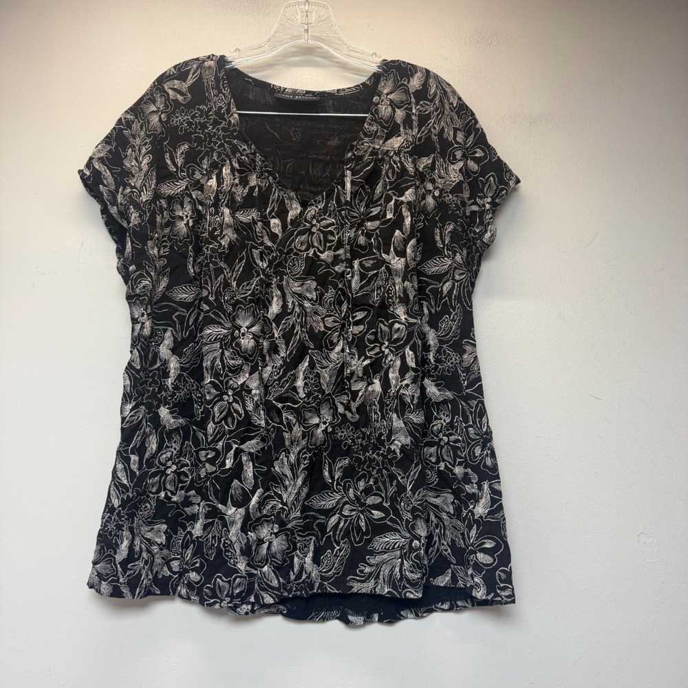 Lane Bryant Blouse Women 14/16 Black White Excellent Floral Split Neck Top